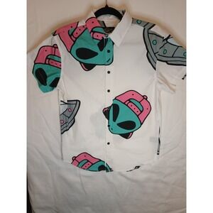 Eighty Eight aliens UFOs attack planet Earth button-front shirt sz SMALL